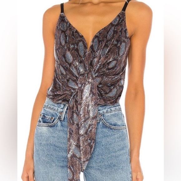 J.O.A. Tops - J.O.A. Blue and Brown Snake Print Sequin Bodysuit